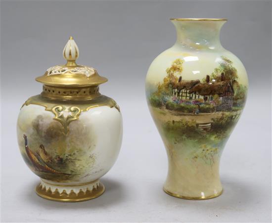 A Stinton Worcester lidded vase and a Hendry vase
